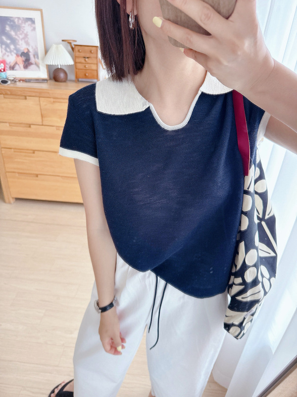 Mr.ファッション~快適で通気性のあるコントラストカラーラペルポロカラールーズスリムニット半袖Tシャツトップス|undefined