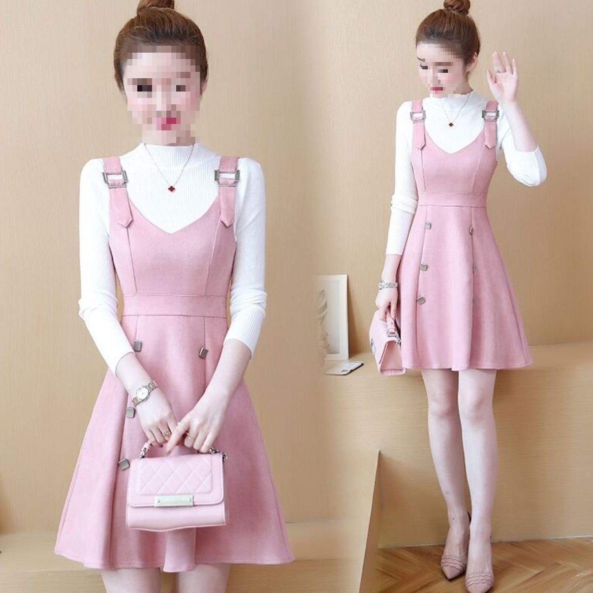 秋冬新款女装韩版时尚鹿皮绒背带连衣裙+毛衣套装裙子两件套