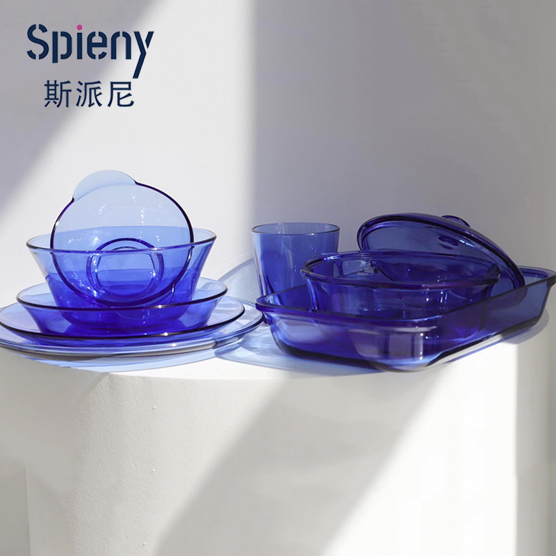 High Borosilicate Glass Tableware Set Plates Bowls Rice Bowls Noodle Bowls Baking Tray Home Blue Green Smoky Gray