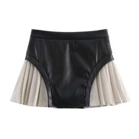 亚马逊批发女装春季新款百搭PU皮撞色拼接褶皱A字短款半身裙