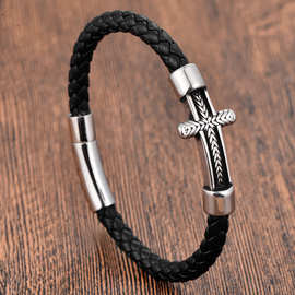 黑色皮绳牛皮男士双层不锈钢真皮编织手链手工多层皮革十字架手镯