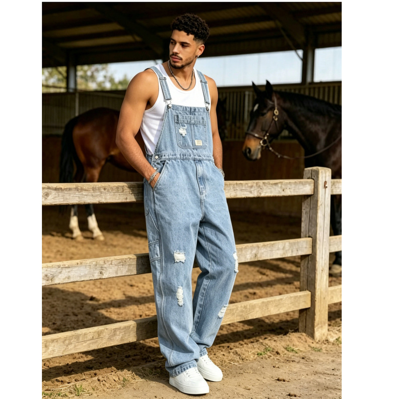 2026 New Model Temu Exclusive Plus-Size Denim Overalls European and American High Street Fashion Men's Jumpsuit Long Pants