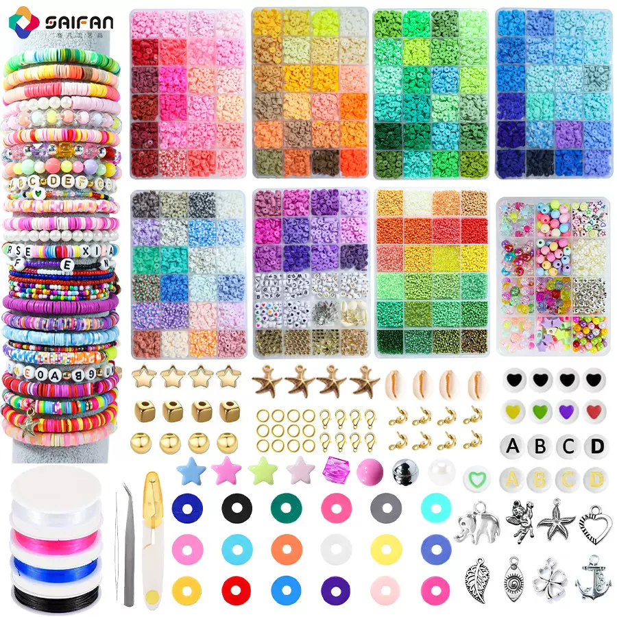 跨境软陶片彩色串珠diy配饰材料串珠儿童diy饰品手链散珠珠子套装