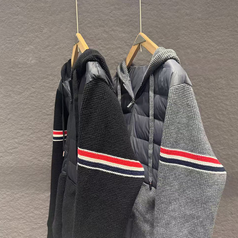 New Sweater Knitted Sleeve Stitching Down Jacket All-match Hooded Color Strip Men's Down Jacket Coat