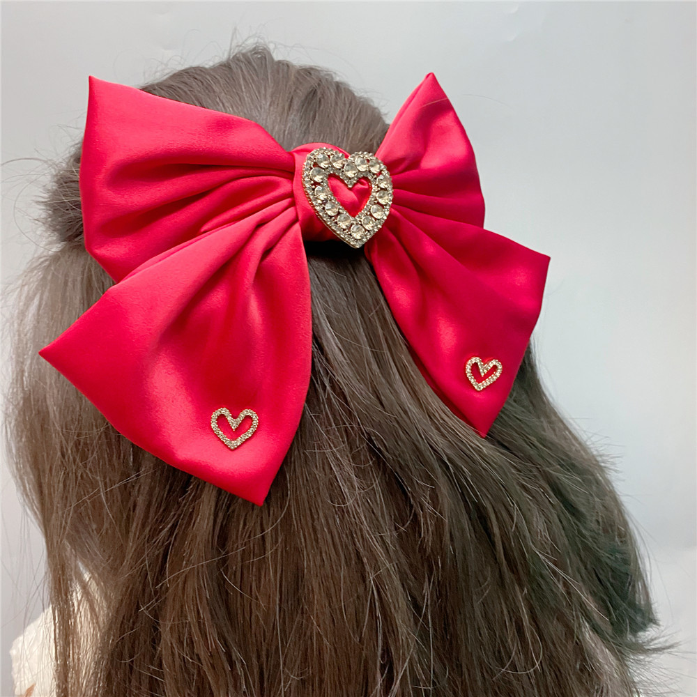 Diamond Love Big Bow Hairpin Satin Spring Clip Bridal Headdress Red Hairpin display picture 1