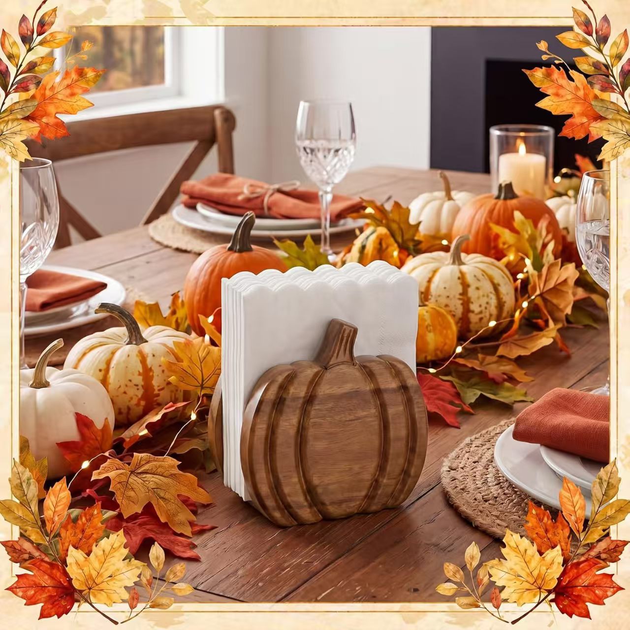 Cross-border Wooden Pumpkin Napkin Holder, Table Top Tissue Holder,...