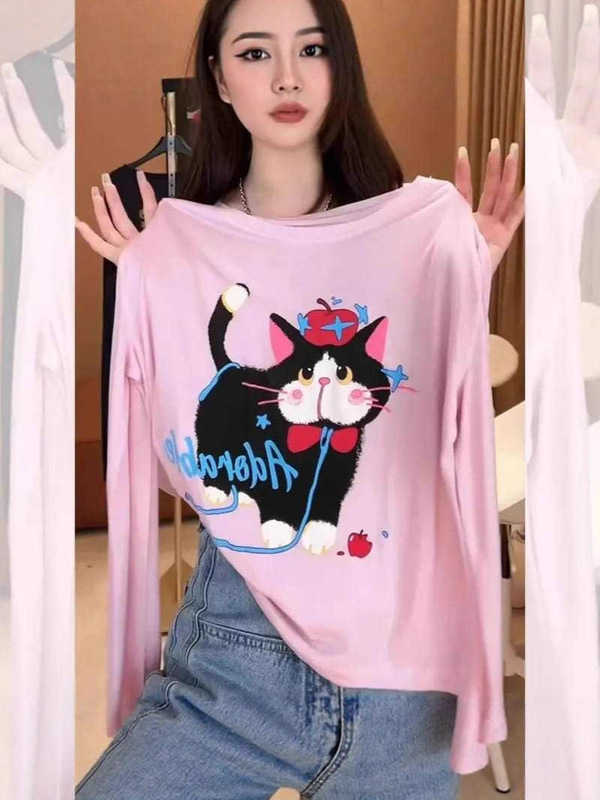 芯娇晴粉色猫咪印花长袖防晒T恤女夏季2025宽松显瘦冰丝薄款上衣|undefined