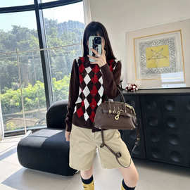 南油女装MM家26秋冬新款格纹拼接针织开衫学院风翻领纽扣百搭外套