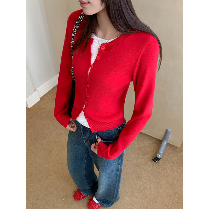 Christmas Red Fake Two-Piece Bottoming Knitted Cardigan Long-Sleeved Women's Autumn and Winter Inner Wear Sweet Sexy Layered Round Neck Jacket Top Christmas Red Fake Two-Piece Bottoming Knitted Cardigan Long-Sleeved Women's Autumn and Winter Inner Wear Sweet Sexy Layered Round Neck Jacket Top
