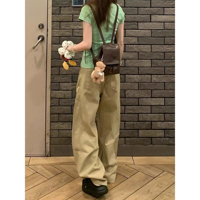 卡其色弯刀阔腿牛仔裤女2025夏季新款美式复古高腰宽松直筒拖地裤|undefined