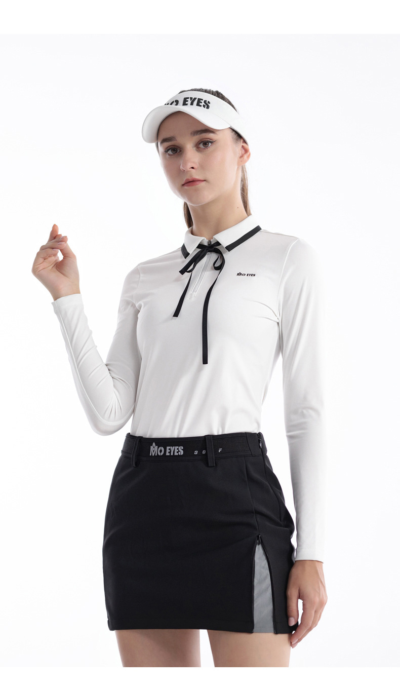 Áo golf nữ dài tay thắt nơ MO EYES vải co giãn thể thao thu đông — M23YF023-Trắng [phối với khăn lụa], M23YF023-Đen [với khăn lụa], M23YF019-Áo màu đen, M23YF019-Áo màu trắng chi tiết 4