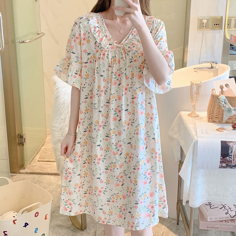 短袖睡裙女夏棉绸睡衣绵绸睡衣裙人造棉连衣裙薄款大码宫廷公威东