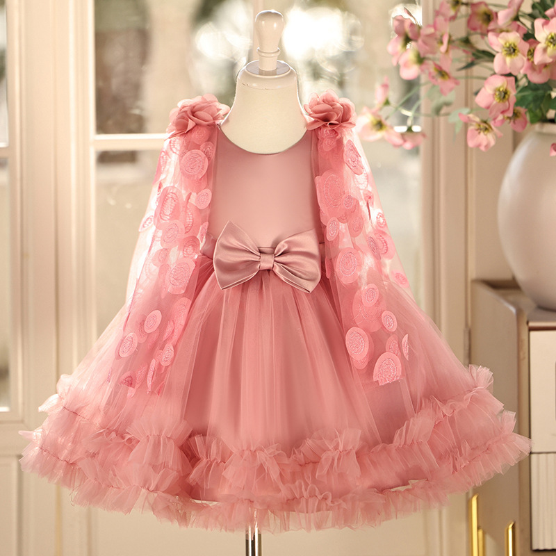 Vestido formal transfronterizo para niñas con chal y falda abullonada, vestido de niña de las flores, traje de actuación para presentadora, vestido de princesa.