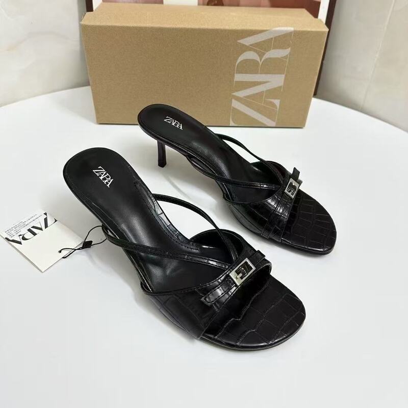 Za Women's Shoes 2025 Summer New Women's Shoes Buckle Decorated with Convex Round Toe Stiletto Sandals Open Toe Outer Slippers