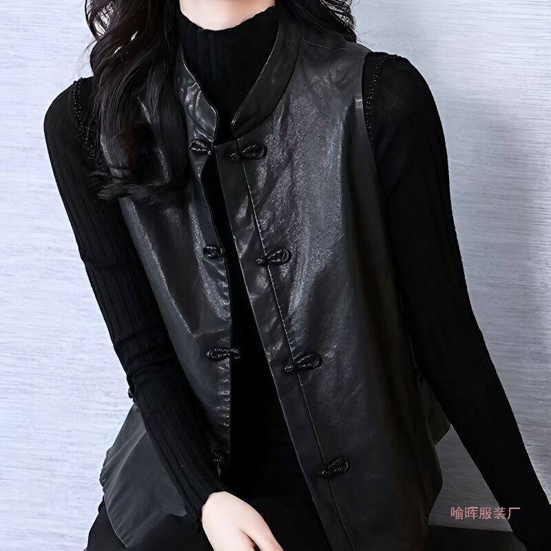Pu Leather Vest for Women 2026 New Style Retro New Chinese Style Outerwear with Traditional Chinese Buttons by Yu Hui