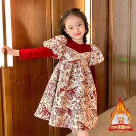 女童喜庆泡泡袖公主裙中大童秋冬新款假两件拼接气质花纹连衣裙潮