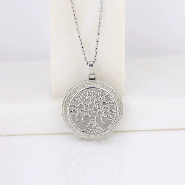 [Necklace] Life Tree Round Photo Box 31*31mm/Steel Color
