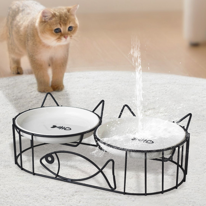 Productos de mascotas transfronterizos de cerámica para gatos de mascotas para gatos plato de enlatado plato de agua para beber pie alto protector de cuello barbillo anti-negro