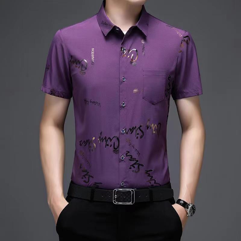 Nueva camisa floral de media manga para hombre de verano de seda de hielo sin planchar camisa de manga corta de moda para hombre camisa floral de solapa superior