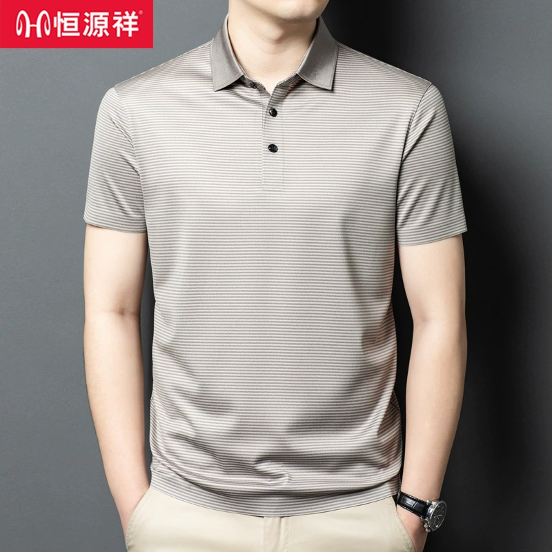 Hengyuanxiang 2025 шелковая футболка с короткими рукавами, мужская летняя рубашка-поло с лацканами среднего возраста в полоску для папы, мужская рубашка-поло
