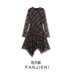 ZR外国貿易卸売り欧米風女装新格子しわ絹糸網不規則裾ワンピース5039282