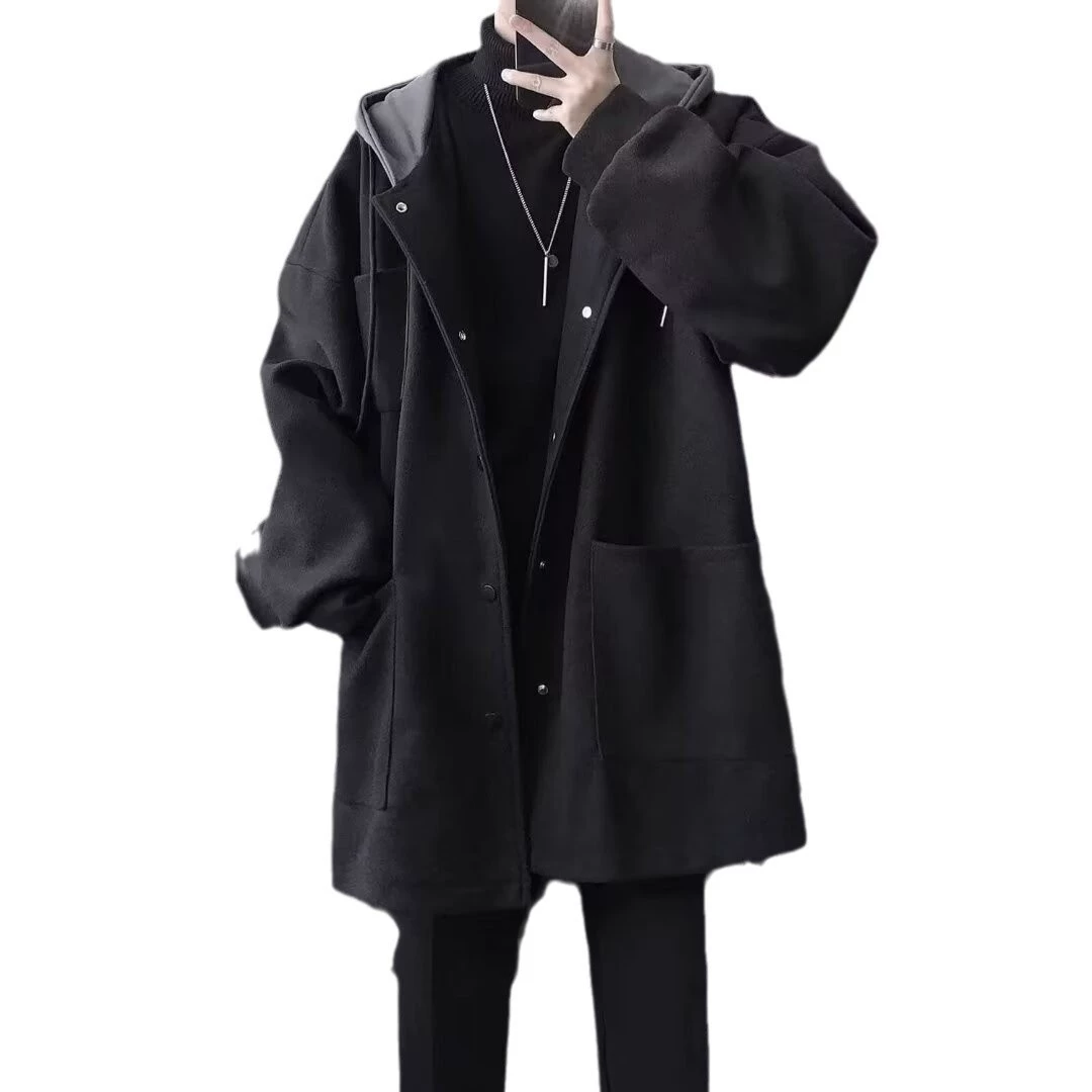 Комплект, мужское осеннее шерстяное пальто, стеганое trenchcoat с капюшоном, британский стиль, свободный крой, увеличенная толщина