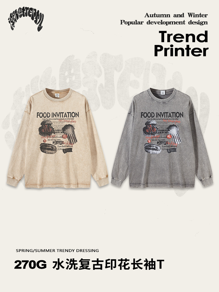2025 otoño marca de moda americana algodón retrógrado lavado tinta impresión marca de moda suelta camiseta de manga larga hombre