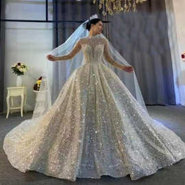 新款外贸婚纱礼服欧美新娘婚纱奢华水钻婚纱纯白色新娘嫁衣图片色