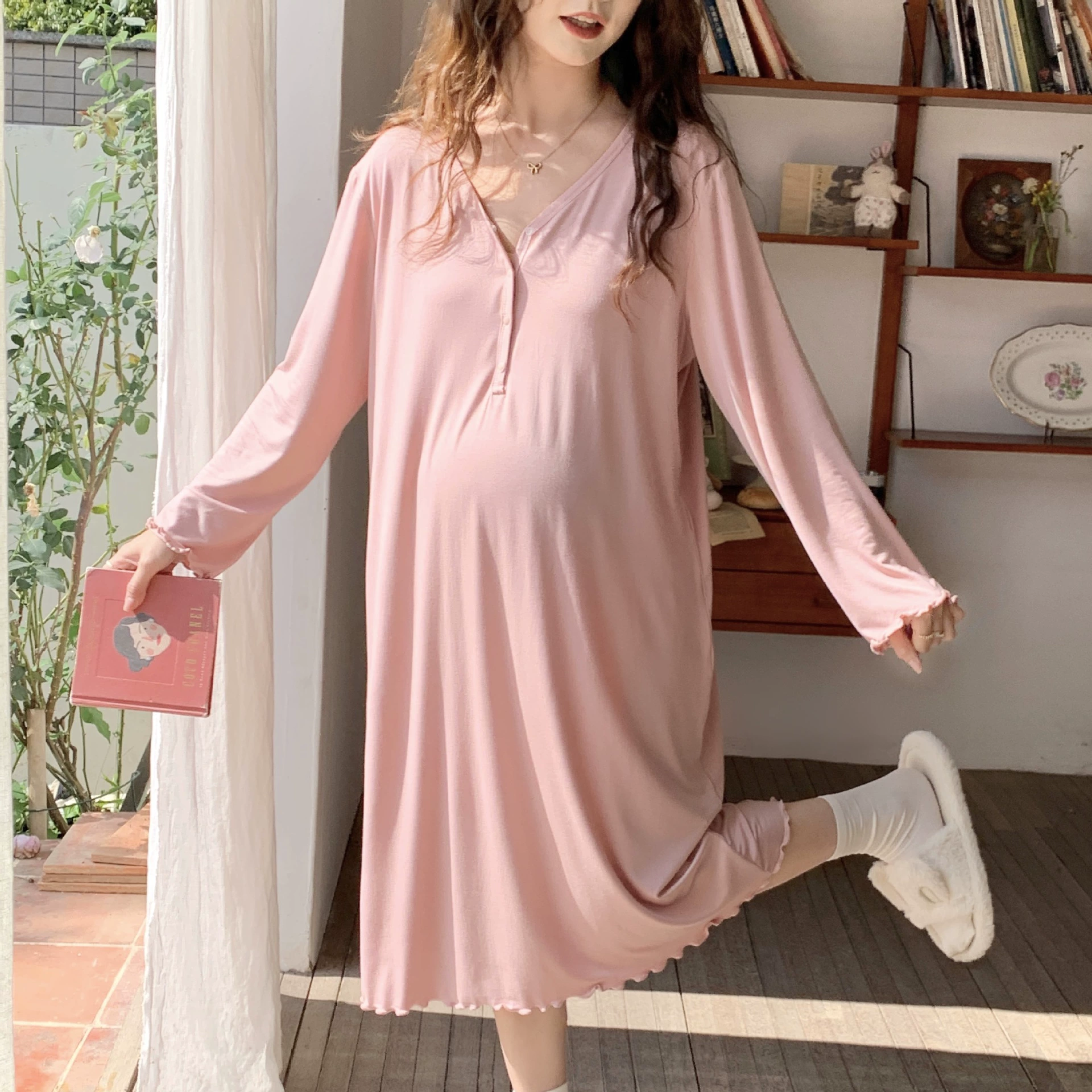 【В наличии 88202】Платье для роддома весна-лето, ночная сорочка для беременных весна-осень из модала