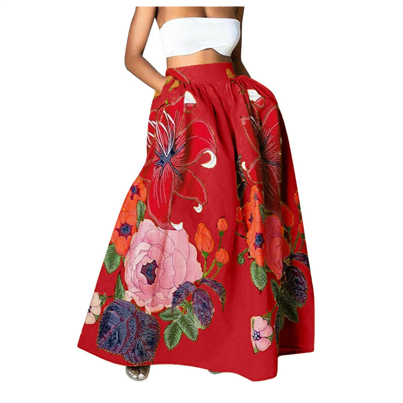 European And American Cross-border Foreign Trade Women's Skirt, Bohemian Floral Loose High-waisted Holiday Flared Pocket_ecoleips.com