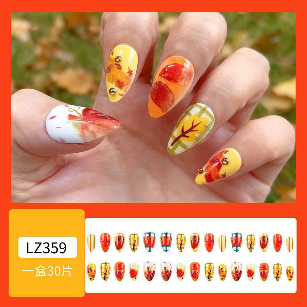 Las mejores ventas transfronterizas de uñas de almendras de diamante tridimensional de otoño atmósfera de uñas falsas 24 piezas de parche de uñas image 7