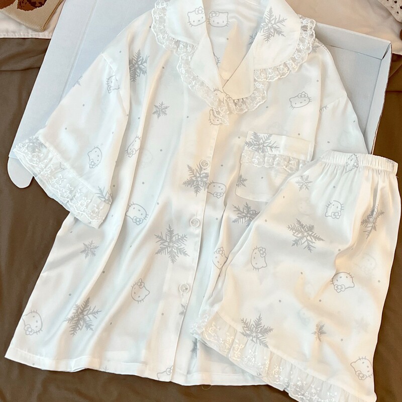 Ice silk pajamas for women, summer 2026 new model, snowflake cat short-sleeve shorts, 2026 new summer home wear