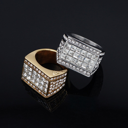European and American brand new luxury men's ring, full of diamonds, 316 stainless steel square diamond Hip Hop ring