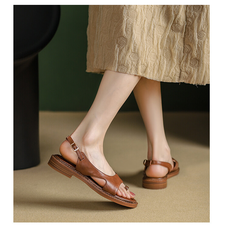 Sandal nữ xỏ ngón đế bệt da thật phong cách La Mã hở mũi quai hậu — Màu nâu, Màu đen, Màu trắng be chi tiết 35