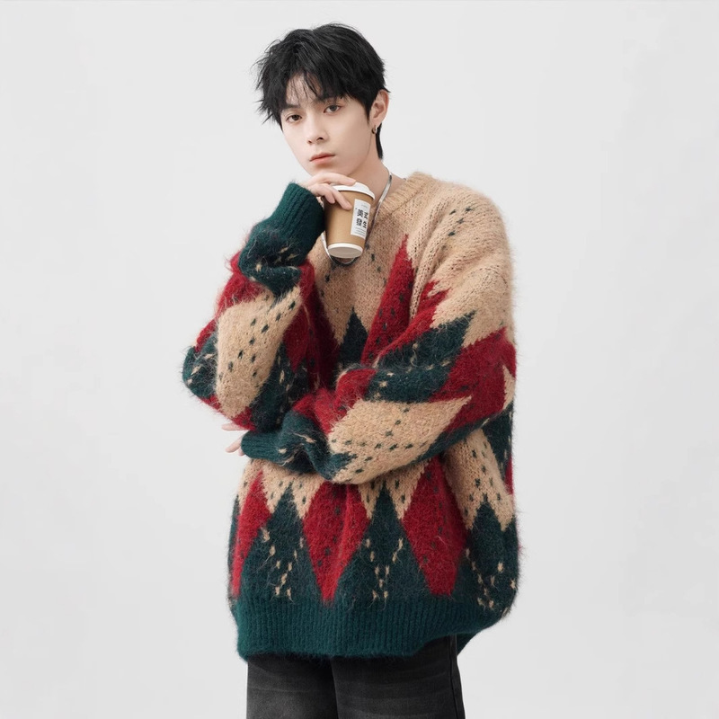 Christmas Sweater Men's Autumn and Winter Trendy Brand Maillard American Style Retro Rhombic Thickened Warm Loose Round Neck Sweater for Women