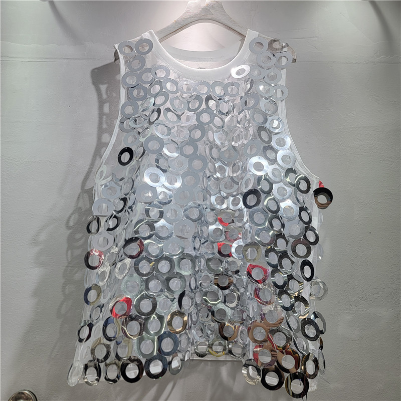 Europa y América nueva moda brillante gran chaqueta bordada blusa de malla temperamento francés delgado chaleco sin mangas para mujeres