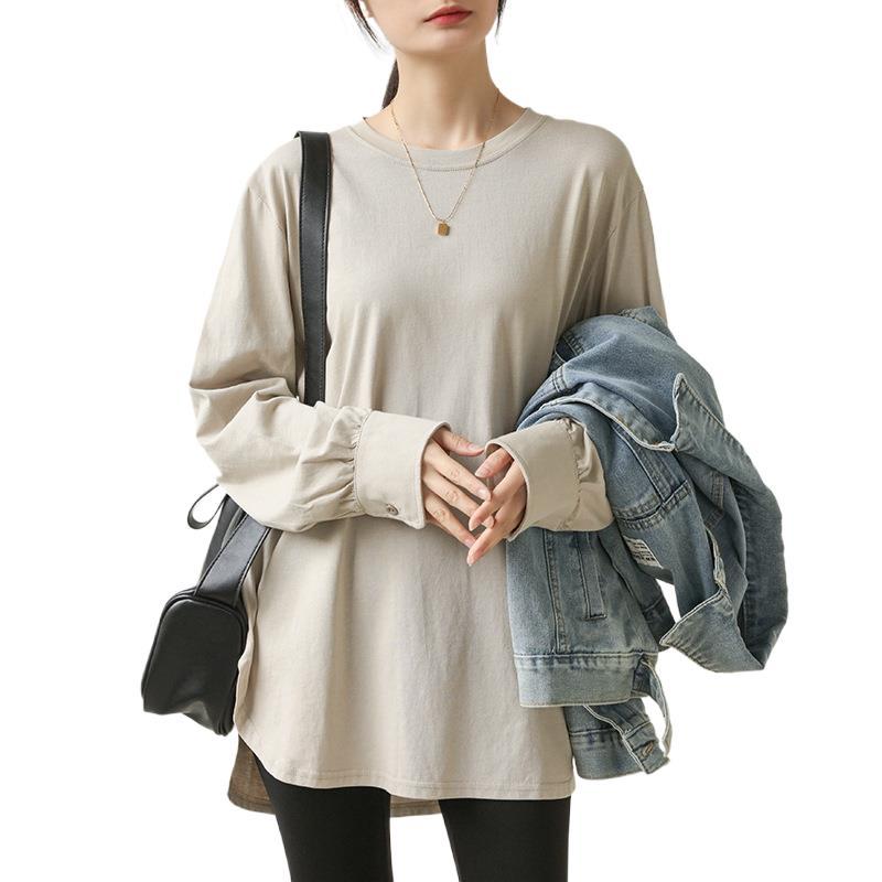 가을과 겨울 기모 최고 여성용 코튼 긴팔 티셔츠 중장 스웨터베이스 셔츠 내바닥 셔츠