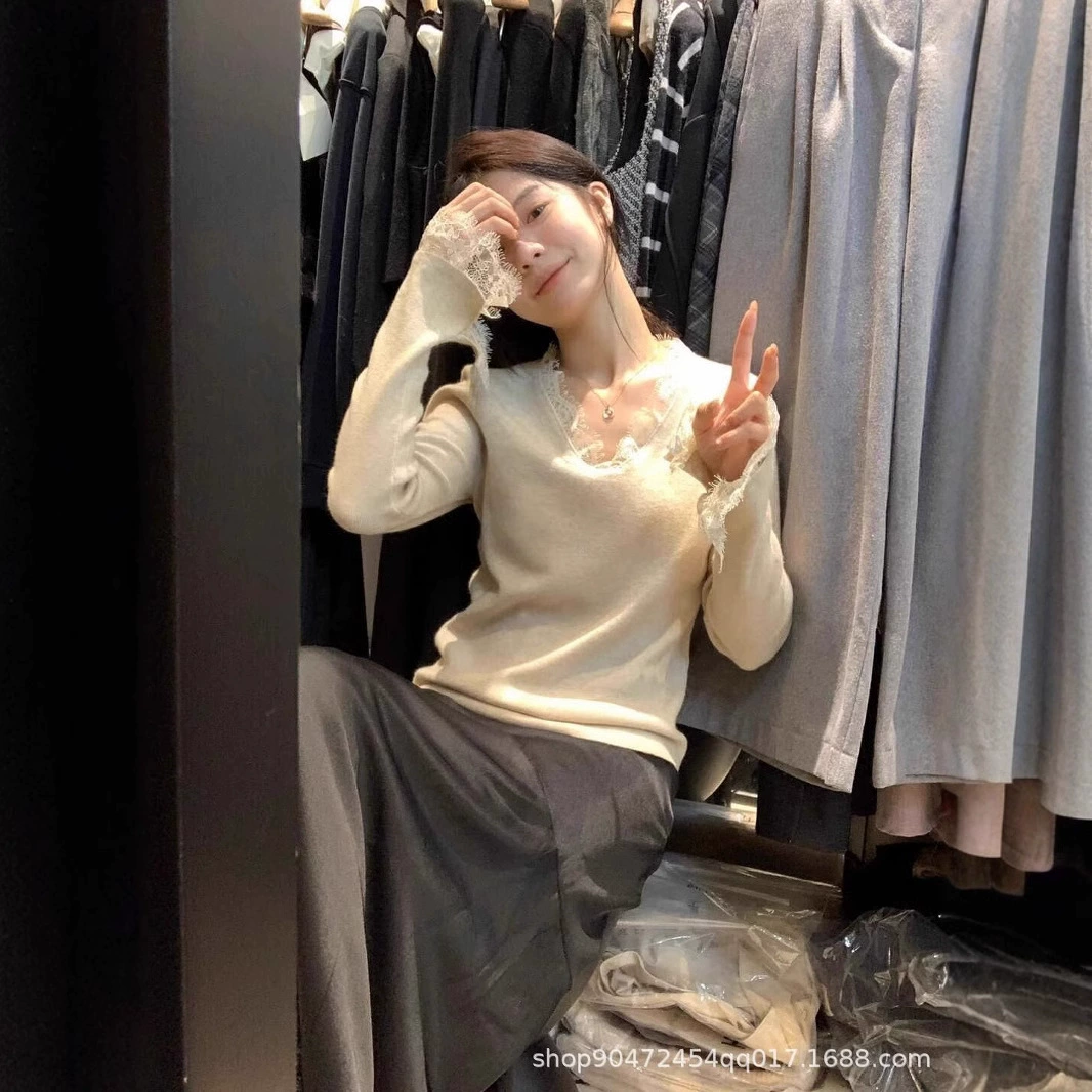 Корейская кружевная рубашка с длинным рукавом с V-образным вырезом