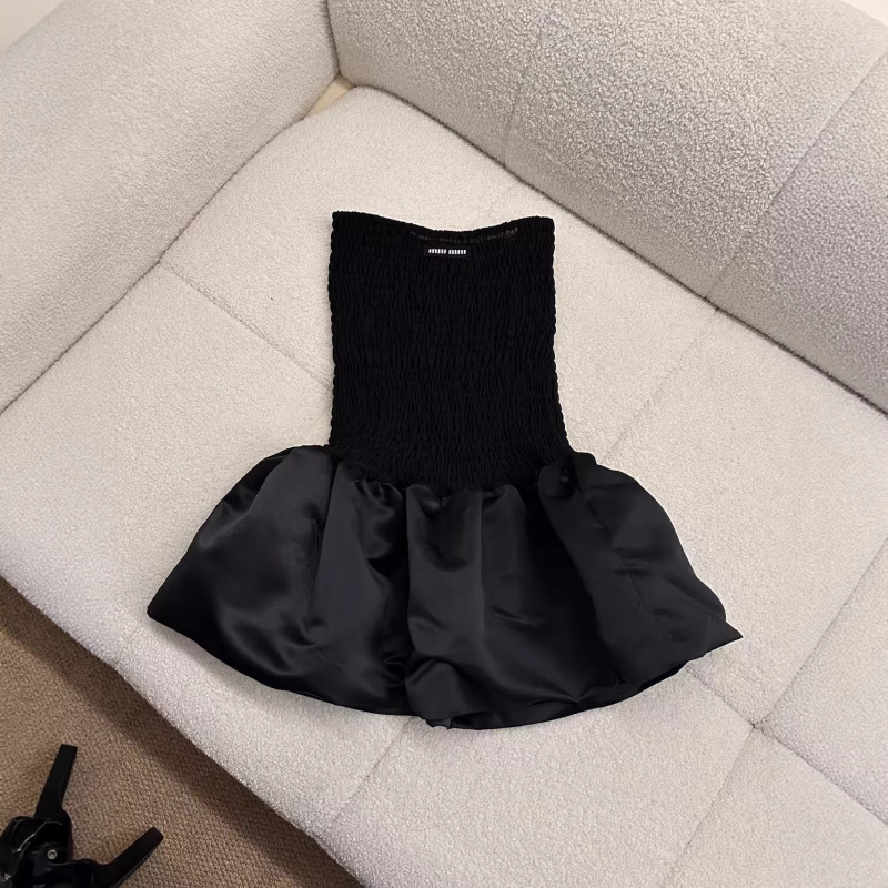 Miu New 26 Early Spring Strapless Puffy Dress with Patchwork, Versatile, Age-Reducing, Pure Desire, Ruffled, Slim-Fit, Sleeveless Dress