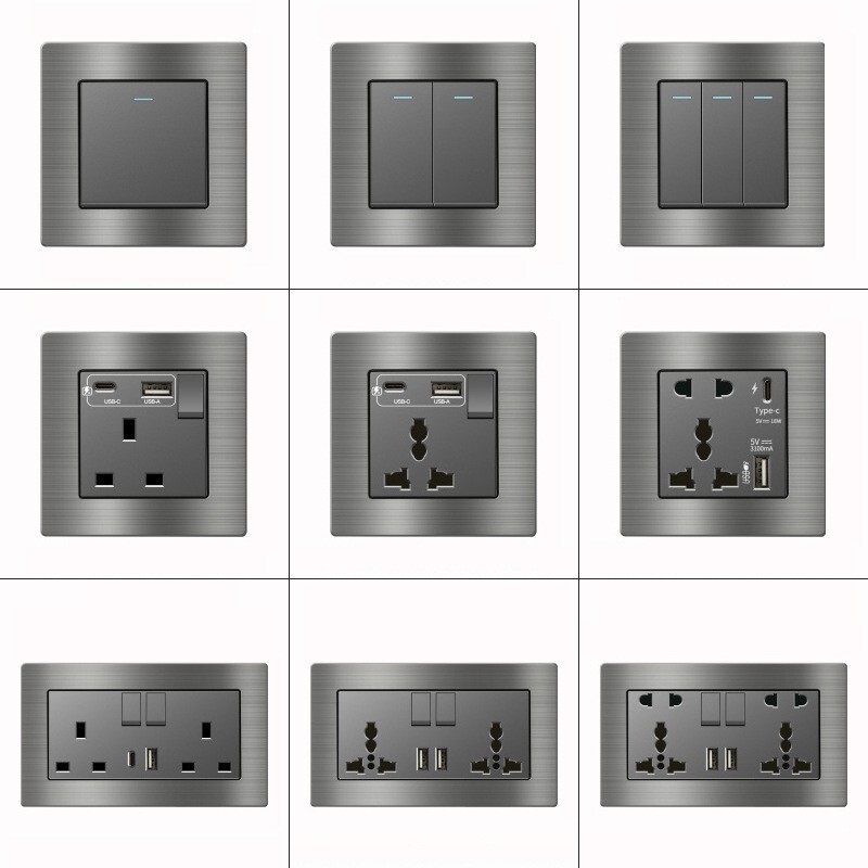 Hong Kong and Macao version 13A British socket with USB fast charge type-c British standard square foot gray metal aluminum brushed panel Hong Kong and Macao version 13A British socket with USB fast charge type-c British standard square foot gray metal aluminum brushed panel