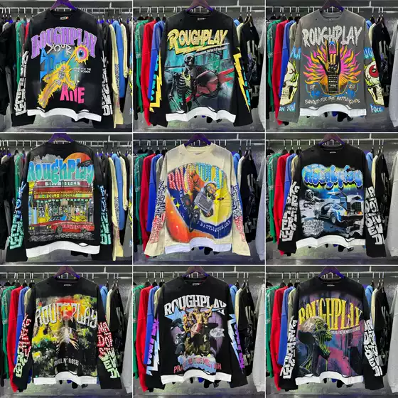 Cross border autumn and winter new American fashion brand Rough Play direct spray printed washed distressed long sleeved T-shirt