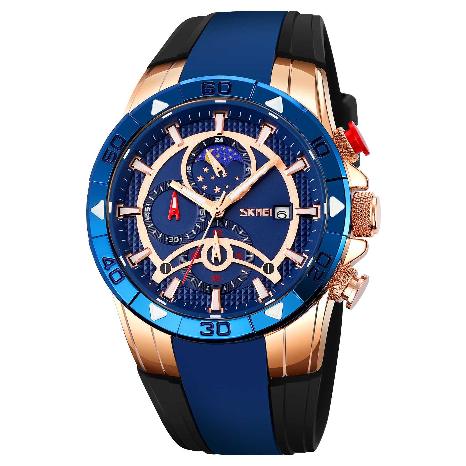 Momentos de belleza para hombres cronógrafo multifuncional de cuarzo muestra fase lunar reloj de pulsera impermeable correa de silicona reloj de deportes transfronterizos para hombres