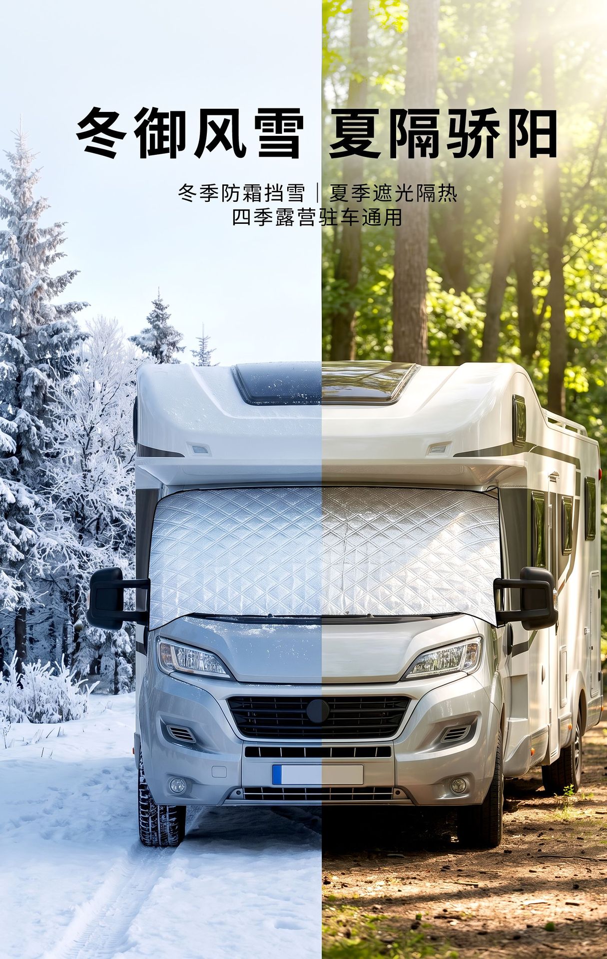 RV three-window snow shield, aluminum film non-woven fabric, thickened front windshield snow and frost cover, magnetic strap, suitable for all seasons