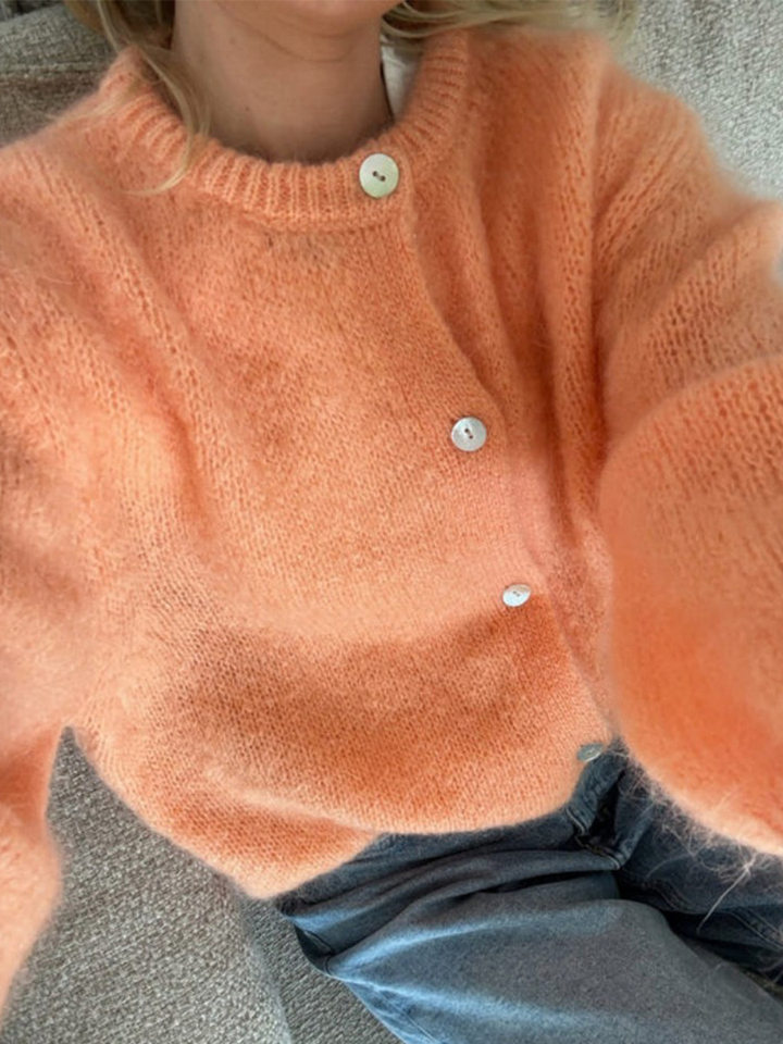 Áo cardigan len dệt kim dáng mỏng nhẹ cài nút một hàng, tay dài cổ tròn nữ — hoa hồng đỏ, màu be, màu cam, màu hoa cà chi tiết 78