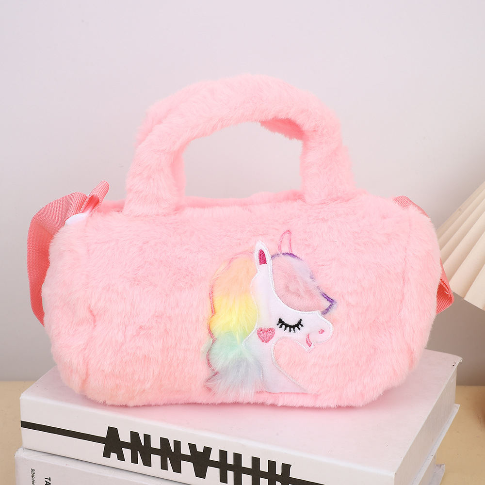 Mochila de felpa para niños transfronterizos, bolso de mensajero de un solo hombro, bolso de mano de unicornio lindo de dibujos animados, bolso de lana de gran capacidad