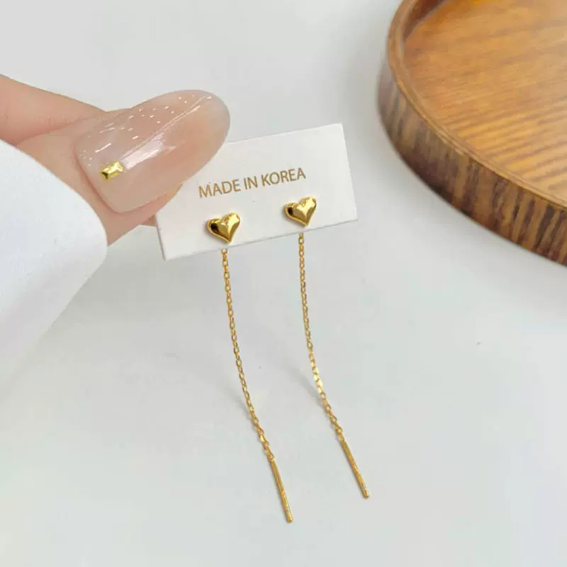 银家首饰S925纯银爱心耳线轻奢感长款耳环显脸瘦耳饰女新款百搭潮