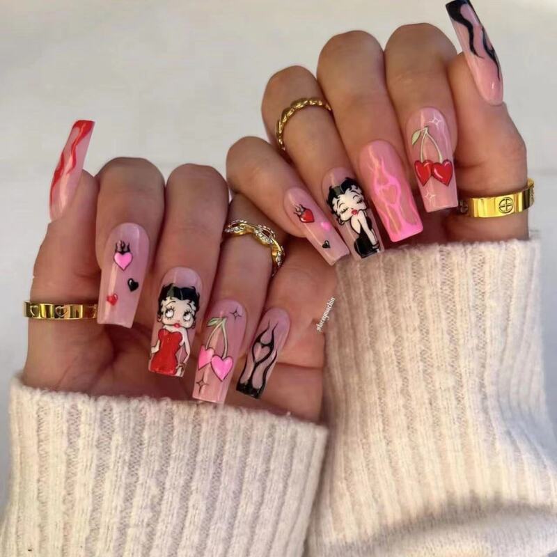 Flame French Long Tubing Wearing Nail Pieces Cute Fat Girl Love Design Valentine's Day Foreign Trade Long Fake Nails
