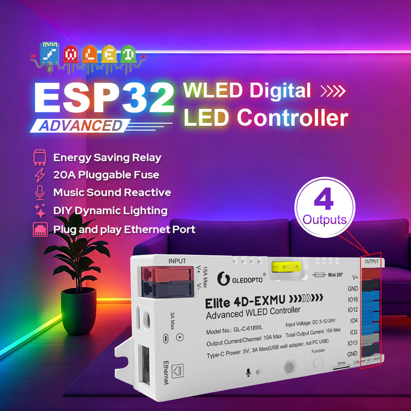 Gledopto Elite Series Masterpiece 4-Way Output Esp32 Ethernet Wled Digital Light Strip Controller