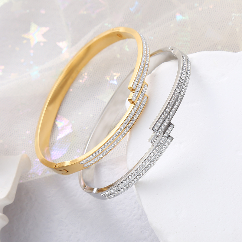 Bangle Classification 1 Piece Quantity Daily Occasion Basic Classic Style Commute Geometric Stainless Steel Asymmetrical Inlay Zircon Bangle