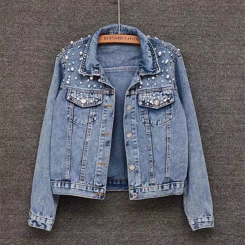 Women's Beaded Denim Jacket – European Slim Fit, Heavy-Duty Stitching (S-5XL, Light Blue & Black)_ecoleips.com